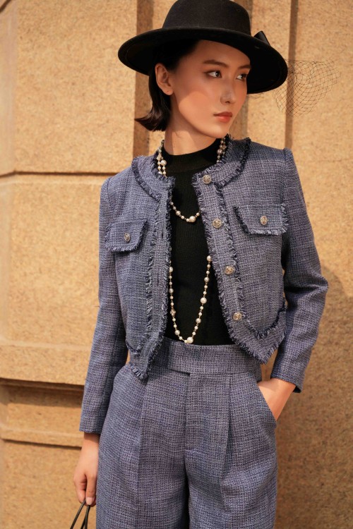 Sixdo Navy Long Sleeves Tweed Vest